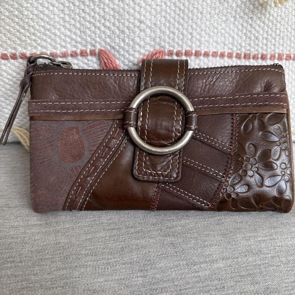 Fossil Brown Leather Patchwork Buckle Fold Over Clutch Wallet Vintage SL9990 Y2K